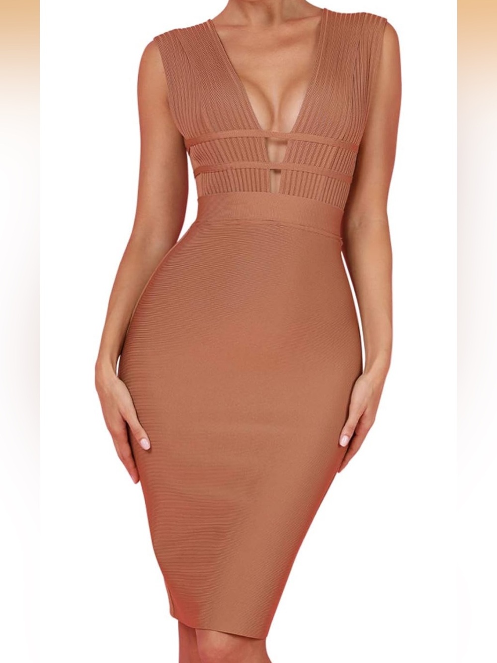 Sleeveless Deep V Bodycon Dress in Tan